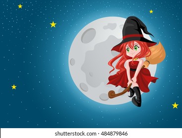 Cute cartoon of a beautiful witch flying with her broom during full moon, for Halloween theme and concept