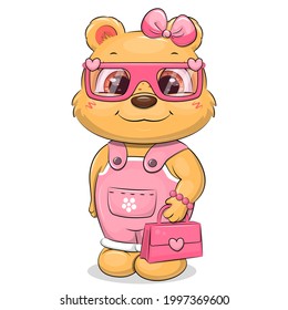 Cute cartoon beauty bear in pink jumpsuit, glasses, hair bow holds a bag. Vector illustration of an animal on a white background.