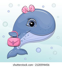 Cute cartoon beauty blue whale with a pink bow and handbag. Underwater animal vector illustration on blue background with bubbles.