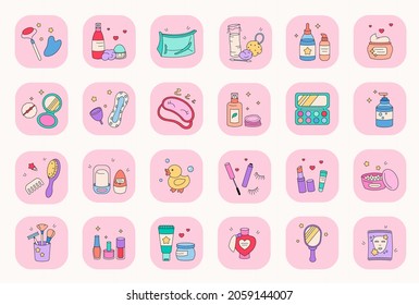 Cute Cartoon Schönheitsprodukte Icon Set. Koreanische doodle-Kosmetikvektorsymbole. Kosmetik doodle süße Sachen - Deodorant, Spiegel, Kosmetikcreme, Beauty Puff, Gesichtsreinigung, Hautpflege, Lippenstift, Massagewerkzeug.