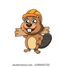 cute cartoon beaver builder  holding a plank of wood. vector