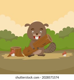 cute cartoon beaver character in the forest