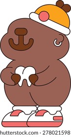 Cute cartoon beaver character holding a tooth wearing a hat and sneakers vector illustration