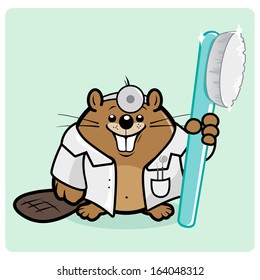 A cute cartoon beaver dentist doctor holding a toothbrush. Cartoon beaver dentist with clean and healthy teeth. Vector Illustration