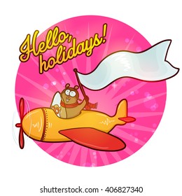 Cute cartoon beaver flying by plane