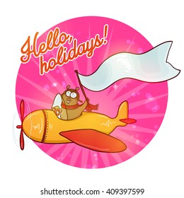 Cute cartoon beaver flying by plane