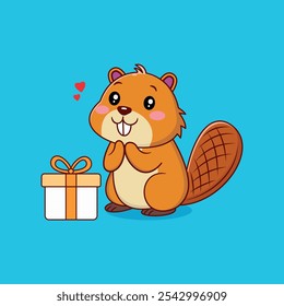 Cute Cartoon Beaver With Gift Box Vector Icon Illustration.