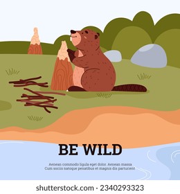 Cute cartoon beaver gnaws at a tree, collects branches near the river. Rodentia semiaquatic mammals. Brown short-haired wild cheerful animal with a large flat tail. Vector wildlife poster