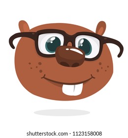 Cute cartoon beaver head icon wearing eyeglasses. Vector illustrated