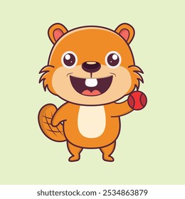 Cute Cartoon Beaver Holding A Ball Vector icon Illustration.