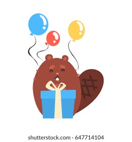 Cute cartoon beaver holding blue gift box and bunch of colorful balloons Happy Birthday cartoon vector Illustration