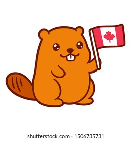 Cute cartoon beaver holding Canadian flag, Happy Canada Day illustration. Isolated vector clip art character drawing.