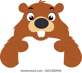 Cute Cartoon Beaver Holding Sign peeking, happy Groundhog Day Predictor
