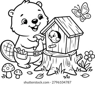 Cute cartoon beaver holding a tiny birdhouse next to a tree stump in a playful forest scene.