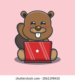 Cute cartoon beaver with laptop