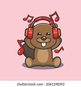 Cute cartoon beaver listening music with headphone