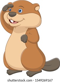 Cute cartoon beaver looking up on white background