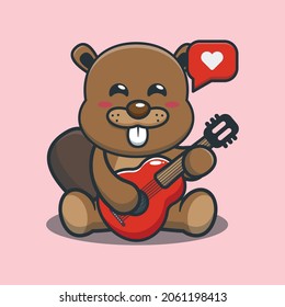 Cute cartoon beaver playing guitar