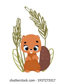 Cute cartoon beaver. Print for baby posters, cards, clothes. Vector cartoon illustration.