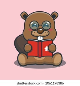 Cute cartoon beaver reading a book