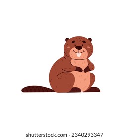 Cute cartoon beaver. Rodentia semiaquatic mammals. Cheerful brown short-haired wild mammal animal with a large flat tail. Vector illustration isolated on white background