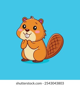 Cute Cartoon Beaver Sitting and happy Expression Vector Icon illustration.