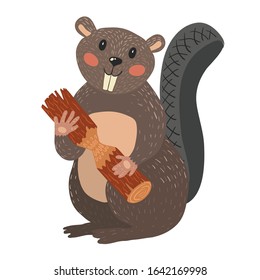 Cute cartoon beaver smiling and holding a log. Vector illustration on white background.