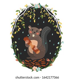 Cute cartoon beaver smiling and holding a log, beautiful print with plants and flowers on a dark background. Oval book Vector Illustration for children isolated on a white background
