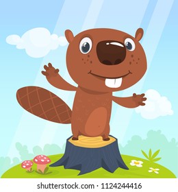 Cute cartoon beaver standing in a meadow with flowers and mushrooms. Vector illustration 
