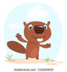 Cute cartoon beaver standing in a meadow. Vector illustration isolated