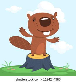 Cute cartoon beaver standing on stump. Vector illustrated. Design for print, sticker, decoration or children book