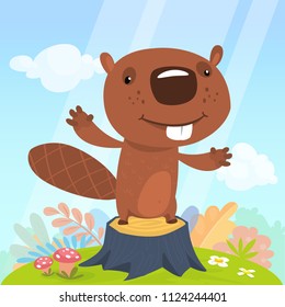 Cute cartoon beaver standing on stump. Vector illustrated. 