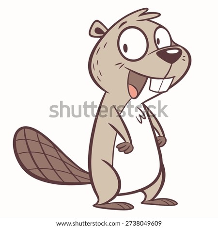 Cute cartoon beaver standing and smiling.Vector illustration isolated on white background. Side view. Perfect for children projects, mascots, stickers, posters, educational materials