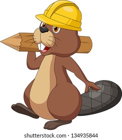 Cute cartoon beaver wearing safety hat and holding a wood log