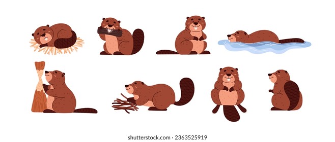 Cute cartoon beavers gnaws at tree, collect branches, float, sit. Rodentia semiaquatic mammals. Cheerful brown short-haired wild animal with large flat tail. Vector illustrations set isolated on white