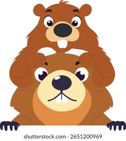 Cute Cartoon Beavers Stacked Sign peeking, happy Groundhog Day Predictor