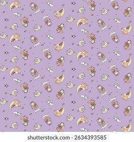 Bonito Desenho Animado Bedtime sem costura Padrão no Fundo Roxo
