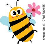 Cute cartoon bee with big eyes and smiling face. Yellow body with bold black stripes. Light blue wings flutter gently behind. Holds a pink flower with a red center
