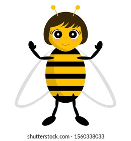 Cute Cartoon Bee With Big Eyes Isolated On White Background. Hands And Feet Can Be Animated. Funny Little Bee Stands,vector Stock Illustration.