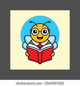 A cute cartoon bee with big eyes and a red bowtie reading a book