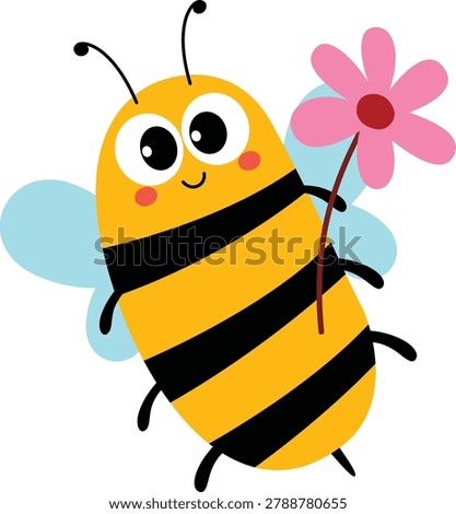 Cute cartoon bee with big eyes and smiling face. Yellow body with bold black stripes. Light blue wings flutter gently behind. Holds a pink flower with a red center