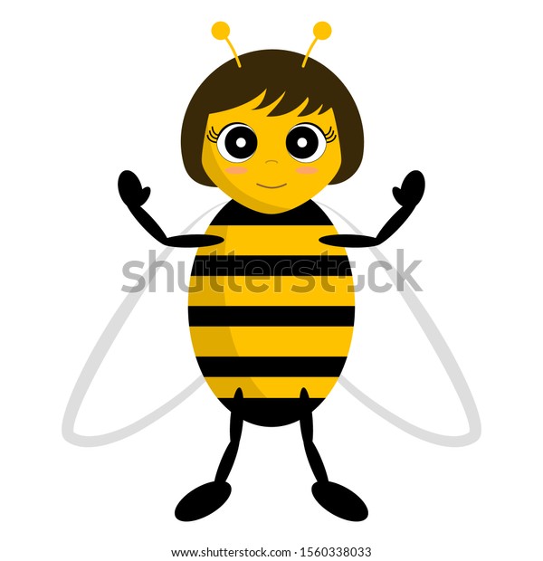 Cute cartoon bee with big eyes isolated on white background. Hands and