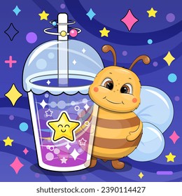 Cute cartoon bee with a big star drink. Vector illustration of an animal and a cup of colorful water on a dark blue background with stars and dots.