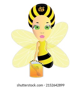 Abeja de dibujos animados con alas grandes come miel con una cuchara grande. Ilustración vectorial de insectos sobre fondo blanco.