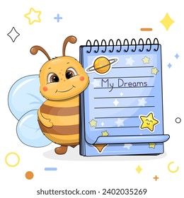 A cute cartoon bee and a blue notebook with stickers. Vector illustration of animal on a white background with stars, circles.