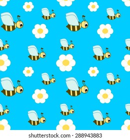 cute cartoon bee in the blue sky with daisy flowers seamless vector pattern