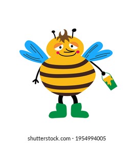 Cute cartoon bee with a bucket of honey. Vector flat illustration. Childrens simple illustration. Vector illustration
