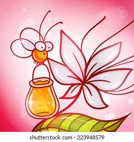 cute cartoon bee with bucket of honey flying over the flower