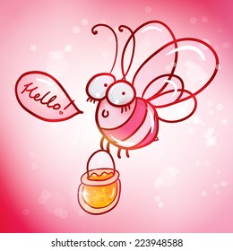 cute cartoon bee with bucket of honey 