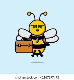 Cute cartoon bee businessman character holding suitcase illustration
